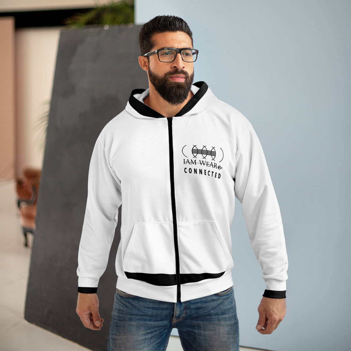 IAM WEARe CONNECTED White Unisex Zip Hoodie (AOP) – IAM WEARe World
