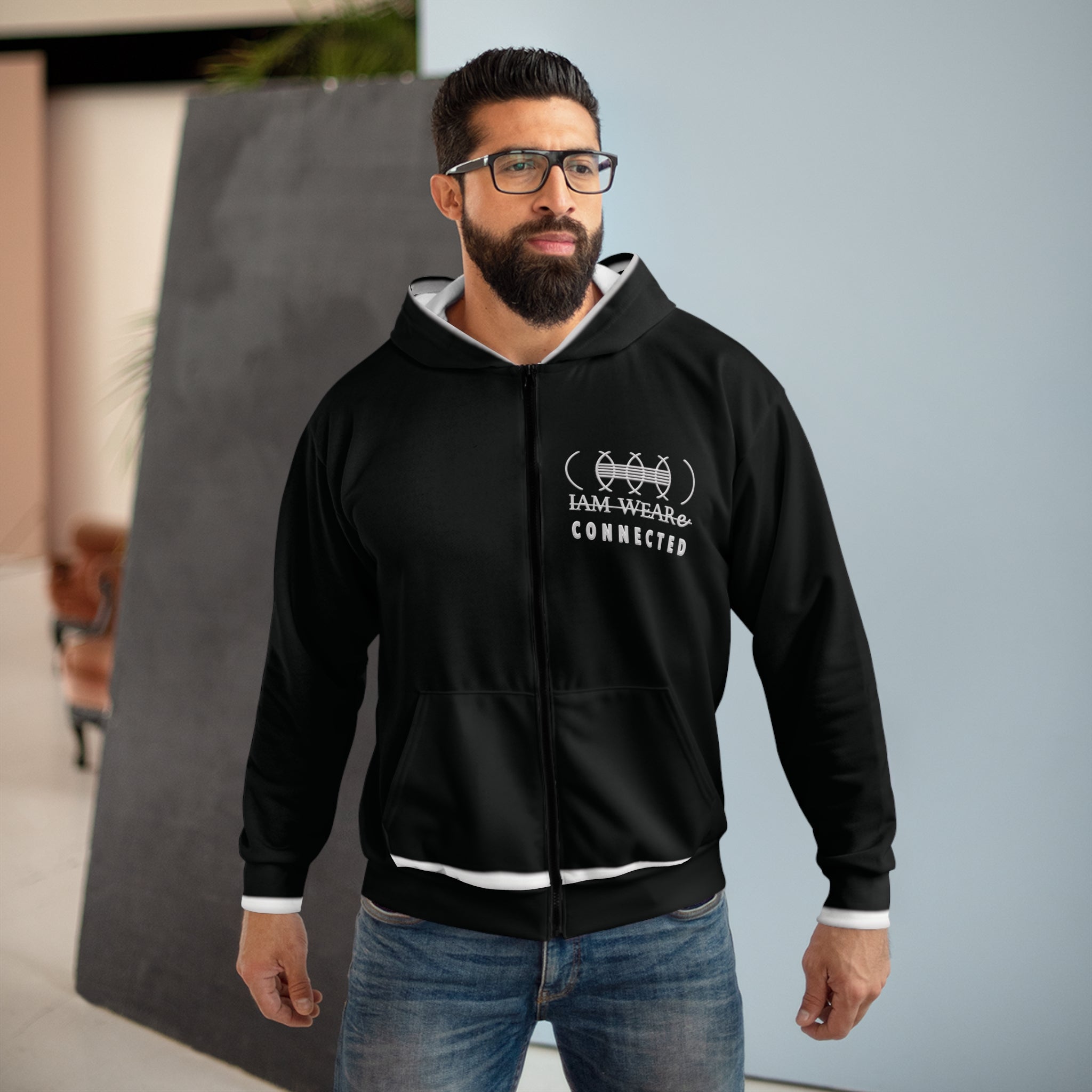 IAM WEARe CONNECTED Black Unisex Zip Hoodie (AOP)